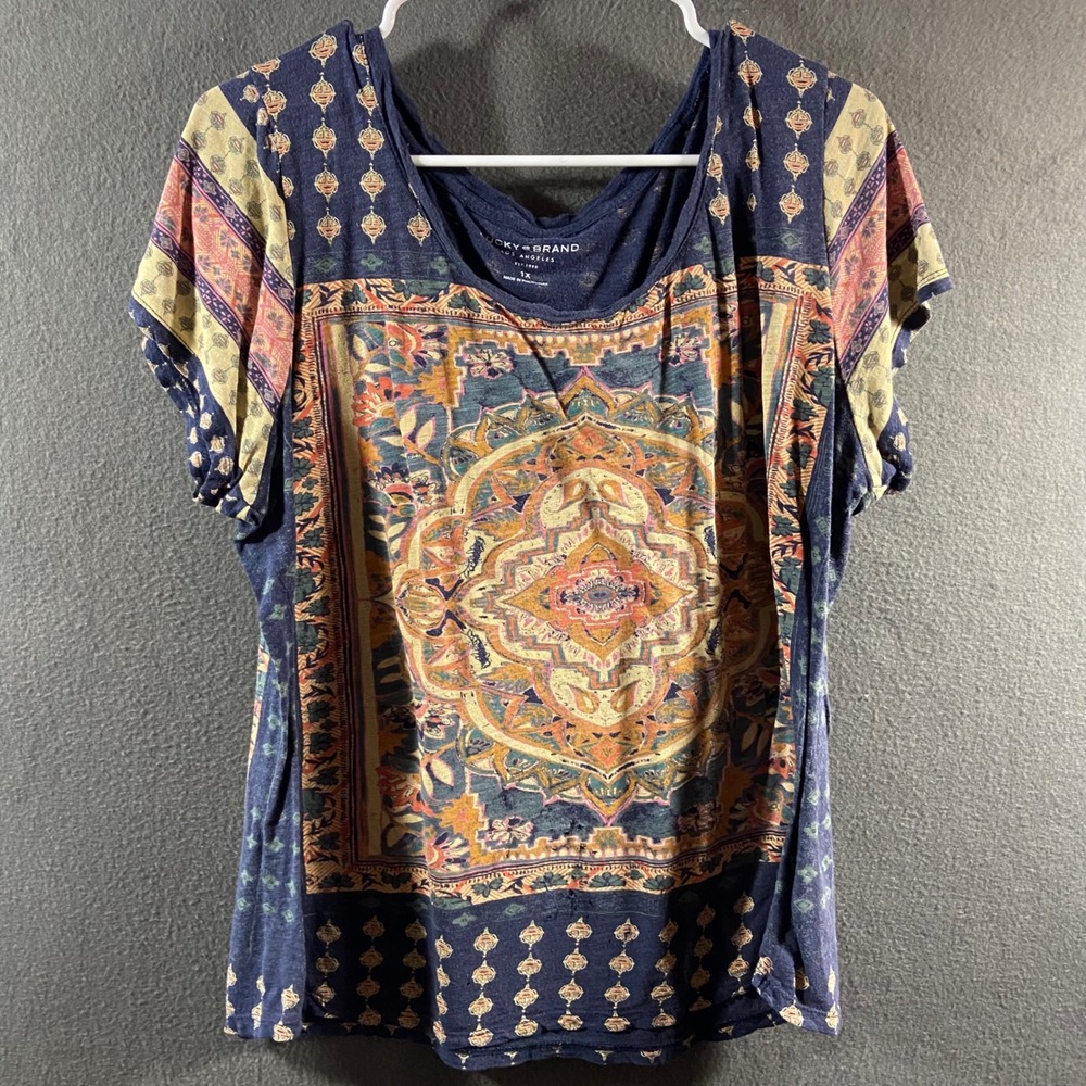 Lucky Brand 1x T-Shirt Medallion Print Cotton Modal Knit Blue Boho whimsigoth